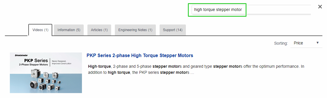 Oriental Motor - site search example